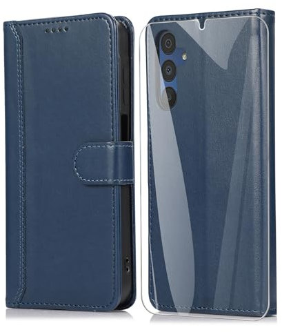 SMYTU Coque pour Samsung Galaxy A15 4G / 5G avec Verre Trempé,Housse en Cuir Protection Portefeuille de Magnétique Case Cover - Bleu