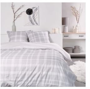 TODAY Housse De Couette Lit Double Sunshine en Coton Imprimé à Grands Carreaux - Gris Et Blanc - 220 X 240 Cm