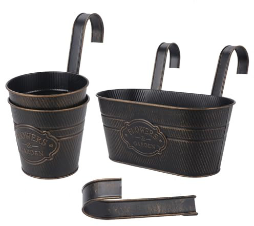 Coolty 3pcs Macetero de Metal Vintage para Colgar en la Pared Macetero para Valla Balcón Jardinera Decoración del Hogar con Gancho Desmontable (Redondo+Ovalado)