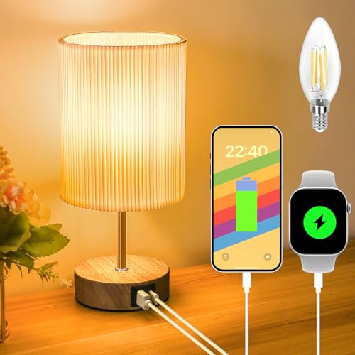 Aomeya Touch Bedside Table Lamp, Dimmable Touch Control Nightstand Lamps with USB-C&USB-A Charging Ports,with White Fabric Shade for Bedroom Living Room Office,Dimmable Bulb Included