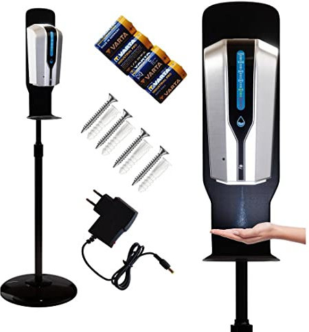 SUSANI Desinfektionsspender/Seifenspender [1200ml] – Desinfektionsspender Sensor inkl. höhenverstellbarem Bodenständer [60-110cm] – automatische Bedienung (Silber)