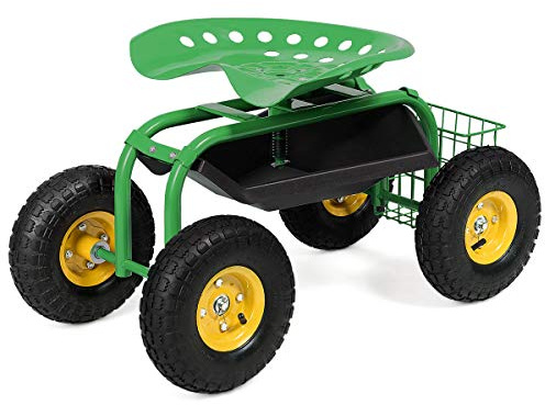 COSTWAY Sgabello da Giardino, Sgabello per Giardinaggio con Ruote, Sedile Regolabile in Altezza e Girevole a 360°, Cestello e Vassoio, Carrello per Prato e Giardino, Portata 150 kg(Verde)