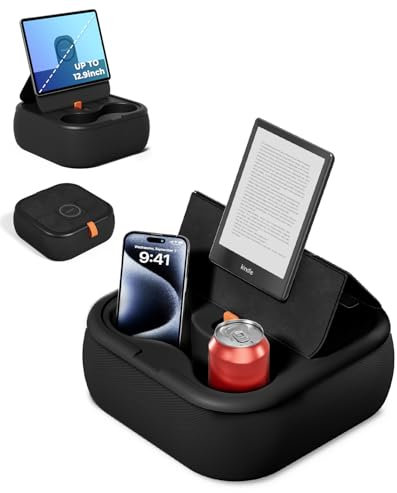 Viozon Foldable Tablet Stand Pillow, Compatible with 4-13 Phone/Tablet, iPhone, Kindle, Magnetic iPad Holder, 2 Cup Holders, Cozy Black Fabric