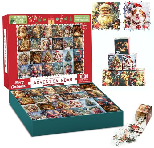 Advent Calendar 2024 Christmas Jigsaw Puzzles, 24 Boxes 1008 Pieces for Countdown to Christmas Home Decoration, Family Game Xmas Holiday Puzzles Gift Decorations for Kids Adults Boys Girls