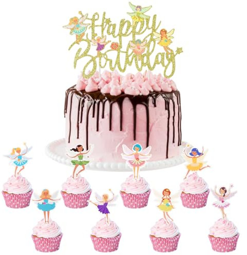 25 Stück Cake Topper Geburtstag Fee, Happy Birthday Tortendeko Feen, Küchen Deko Mädchen, Tortendeko Rosa, Muffin Deko Ballerina, Cupcake Deko, Cupcake Topper für Kinder Party