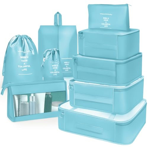 OBSGUMU Koffer Organizer Set, 9 Pcs Packing Cubes für Reisen, Packtaschen für Koffer Reise Kleidertaschen, Verpackungswürfel Mit Kosmetiktasche, Packwürfel for Reiseutensilien(Blau)