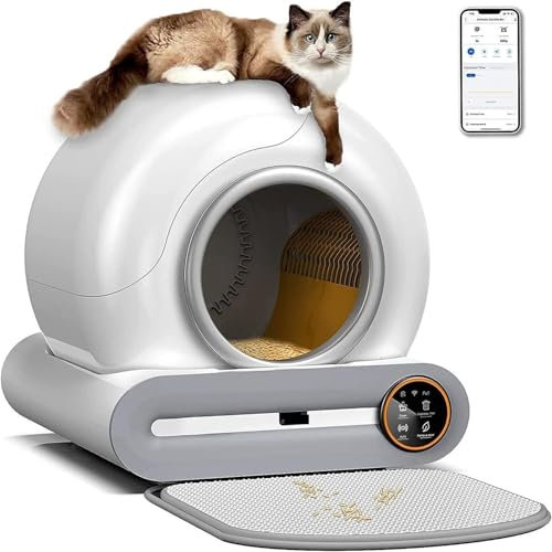 Arenero para gatos con limpieza automática, control por app, ahorro de espacio, desodorizador iónico, monitor sanitario, 65 l + 9 l, gran capacidad, con alfombrilla