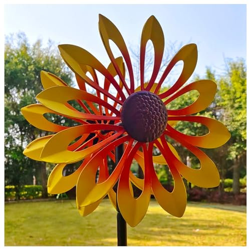 MeLtor Windrad Doppelwindrad mit gegenläufigen Rotoren,174CM, Windrad Blume Bunt Windmühle für Rasen Garten Hof Dekoration,Yellow
