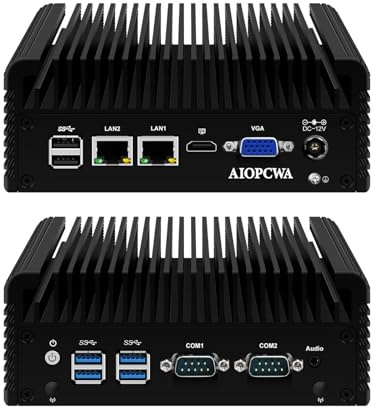 AIOPCWA Fanless Mini PC, Core i5 5200U Industrial Computer, 2 Port 2.5GbE i226V LAN, 2 × COM RS232 Serial Port, 8GB RAM 256GB SSD, Support WinOS, Linux, Wifi/BT, VGA, SIM slot