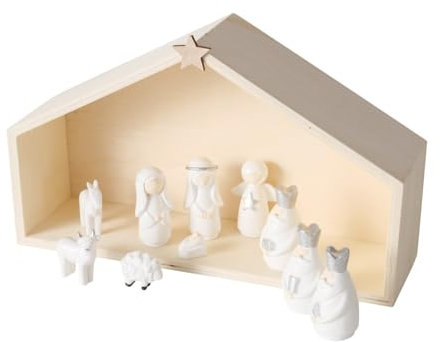 Boltze Home Minimalistische Weihnachtskrippe in Weiß NALUA, 10 Figuren