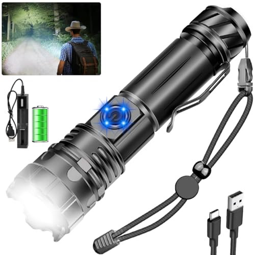 NAKCNM Torch Rechargeable, High Power Torch LED Super Bright, Battery Powered Flashlight with Clip, 12000 Lumen 5 Modes Waterproof for Camping Emergency Night Walking Fishing