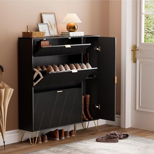 UEV Narrow Shoe Cabinet for Entryway Hallway - 16 Pair Shoe Rack with Hidden Shelf and Side Boot Storage (Black)