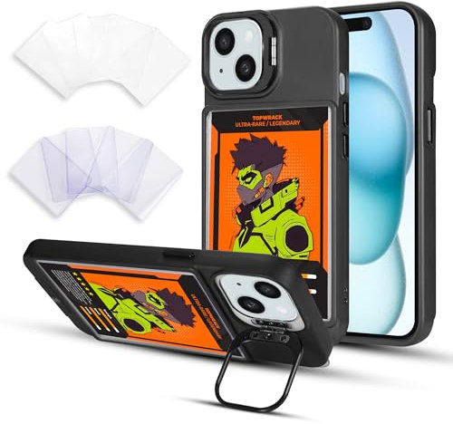 Display Phone Case for iPhone 13 & 14 |Protective Cards Phone Case with Built-In Camera Stand + 5 TCG/Photo display Top Loaders & Sleeves|Compatible with Pokémon, Yu-Gi-Oh and Magic Collectors (Black)
