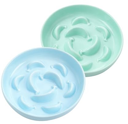 Cat Slow Feeder Bowl Set - 2 Pcs Ceramic Cat Food Plates for Slow Eating - Double Cat Dish For Dry Wet Food - Slow Feeding Cat Bowls Whisker Friendly - Microwave and Dishwasher Safe - Blue and Green