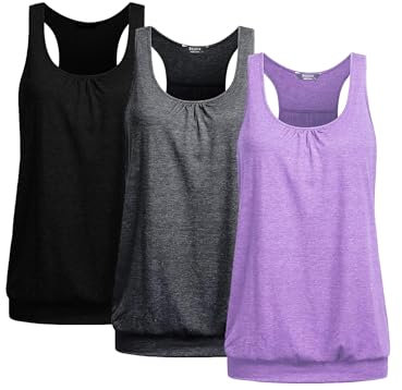 UNibelle Damen Yoga Tank Top Atmungsaktive Shirt Top Sport Tanktop Ärmellos Fitness Oberteil Racerback DREI Stücke, 3er Pack_Schwarz/Dunkelgrau/Hellviolett, M