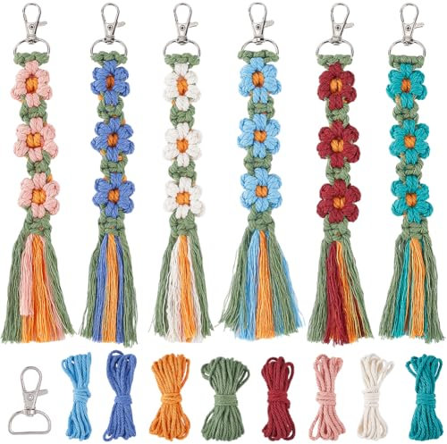 SUNNYCLUE 6 Set Schlüsselanhänger Set Makramee Schlüsselanhänger Set Gänseblümchen Blumen Schlüsselanhänger Mit Anleitung Boho Quasten Schlüsselanhänger Blumen Makramee Sets Für Anfänger Und Erwachsen