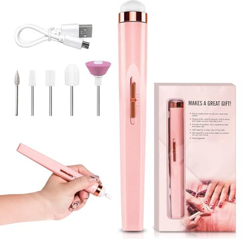 Glamics - Glamics Nail Set, 5 In1 Glamics Elektrisches Nagel Maniküre Set, Nagelfräser für Gelnägel Kabellos, Elektrische Nagelfeile mit LED-Licht, 4 Geschwindigkeiten für Gelnägel, dicke Nägel (Rosa)