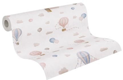 A.S. Création Carta da parati per cameretta Lilly & Luis - Carta da parati in tessuto non tessuto con effetto nuvolato - 10,05 m x 0,53 m - Blu, crema, rosa - Made in Germany - 770771