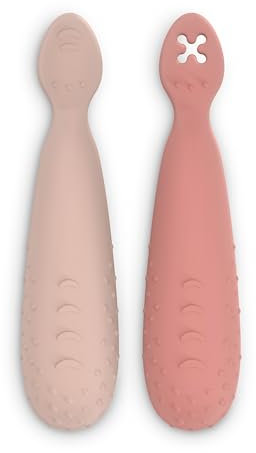 Suavinex, Pack de 2 Pré-cuillères d'Apprentissage, Cuillères 1er Age en Silicone, avec Pointe Plate Texturée, Ergonomiques, Forme Symétrique, Compatibles Lave-Vaisselle, +6 Mois, Rose, 2 Unités
