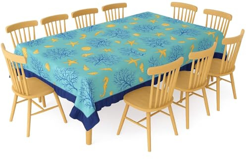 Corredocasa Tovaglia Cerata con Volant, Tovaglia Plastificata in PVC Antimacchia a Fantasia, Facile da Pulire per Tavolo Cucina, Sala da Pranzo, 6 e 12 Posti (12 posti 140x240cm Fondo Azzurro/Blu)