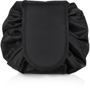 Sahunfri Lazy Trousse de maquillage avec cordon de serrage pour femme, trousse de maquillage plate pour cosmétiques, outils de maquillage, pochette de rangement de voyage, Noir , trousse de maquillage