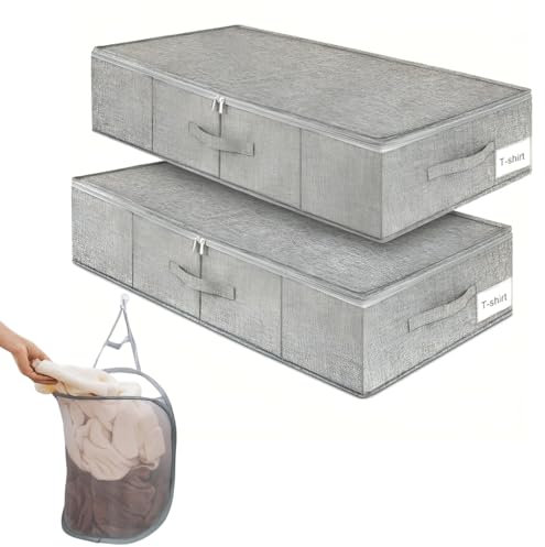 2 Pack Under bed storage box with lid & Laundry Basket,storage bags with zips & Bottom Support & 3 Handles, Foldable wardrobe clothes storage boxes, Grey