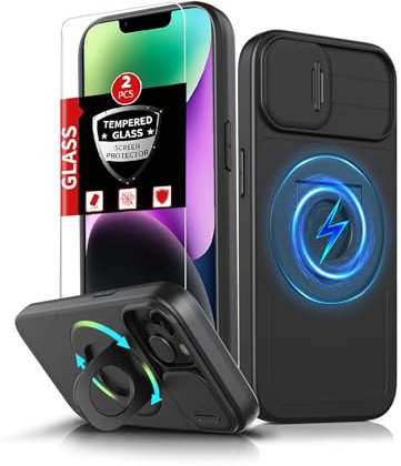FRLMOOES pour iPhone 13 Coque Magnétique,pour iPhone 14 Coque Compatible avec MagSafe Chargement sans Fil,avec 2 Trempé Protection,Cache Caméra intégré+Béquille Support,Absorbant de Choc Étui Noir