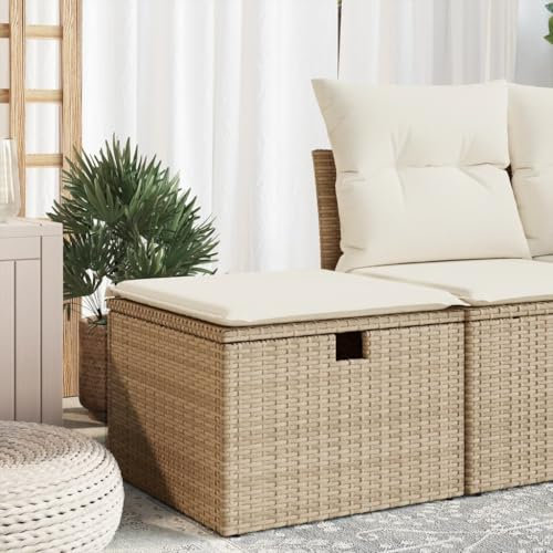SDWEHO7 Gartenhocker, UV-beständig, Gartensessel, Ottomanen, Balkon Hocker, Lounge Sitzhocker mit Kissen und Stauraum für Garten, Terrasse und Innenhof, Beige 55x55x37 cm Poly Rattan
