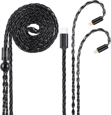 Alphatec USB-C to Dual 2pin (0.78mm) IEM Balance Earbud Cable, 8-Core OCC Silver-Plated HiFi Earphone Cable, Ultra-Flexible Digital Audio Upgrade for In-Ear Headphones, (4.3ft, Black)