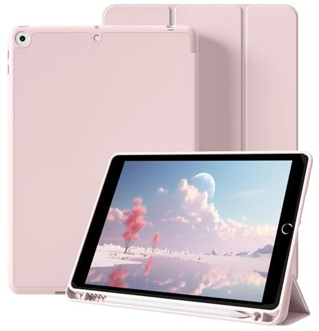 BQDIYOO Case for iPad 9th 8th 7th Generation (2021/2020/2019), 10.2 Inch Case, with Pencil Holder, Hard Clear iPad 9/8/7th Generation Cover, Auto Wake/Sleep, Pink