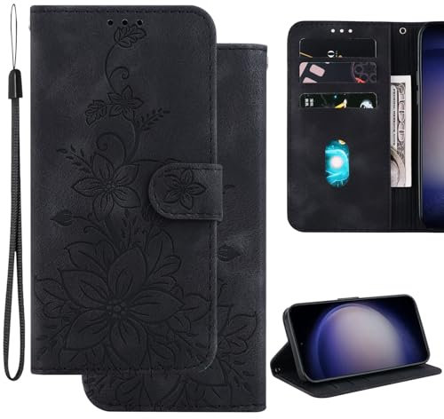 Ammeer Coque pour OnePlus Nord N20 SE, Relief Fleur Modèle Magnétique Flip Folio Cover Téléphone Housse Étui Wallet Portefeuille Case PU Cuir Supporter - Noir
