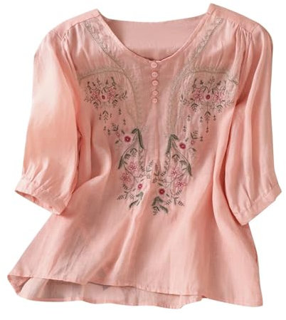 Pink Blouse for Women UK Linen Shirt Women Summer Embroidery Linen Tunic Tops Retro Jacquard Short Sleeve Boho Blouse Casual Loose Fit Flowy Hem Tee My+Orders