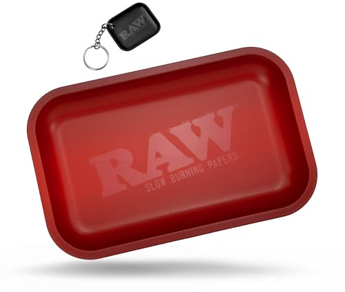 RAW Red Small Rolling Tray 11 x 7 - Limited Edition Red Finish - Elegant, Sleek and Smooth Rounded Edges with RAW Black Mini Tray Keychain by ES Distributions