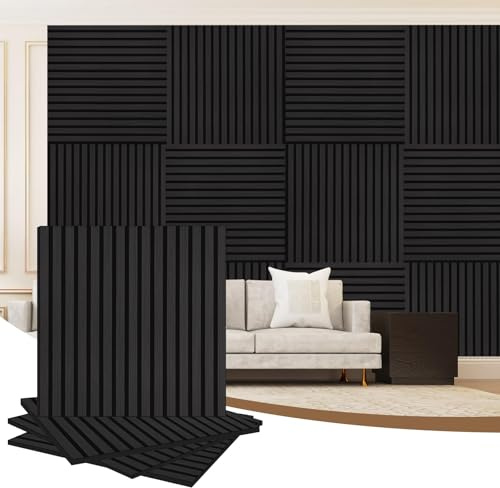 4 Stück Akustikwand Holzpaneele - 600mmX 600mm 1,44m² - 3D Lamellen Wandverkleidung für Wand und Decke - Schallabsorbierende Holzwandpaneele für Wohnzimmer, Schlafzimmer, Büro (Mirage Black 02)