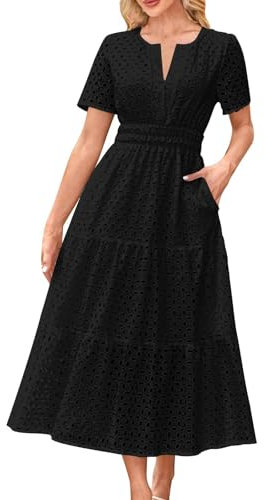 Maxi Dresses for Women Summer Wedding Guest Dress Short Sleeve Casual Boho V Neck Hollow Out Eyelet Ruffle Swing A Line Cotton Long Flowy Beach Vacation Evening Dresses Black
