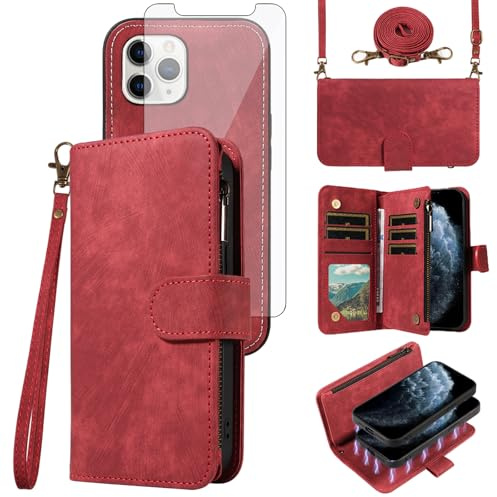 Phone Case for iPhone 11 Pro Max 6.5 Zipper Wallet Magnetic Detachable Cell Cover with Screen Protector Crossbody Lanyard Strap Flip Card Holder Slot iPhone11 11pro Promax i XI Plus Women Girls Red