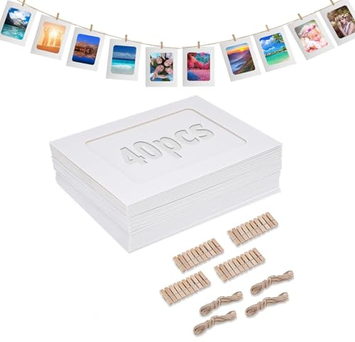 MEISO Fotogirlande mit 40 Stück Rahmen und 40 Stücke Clips, 4 Stücke Hanf Seile, 10 X 15 cm Weiß Papier Fotorahmen, Fototaschen zum Aufhängen für DIY Dekoration bei Geburtstag Hochzeit Party