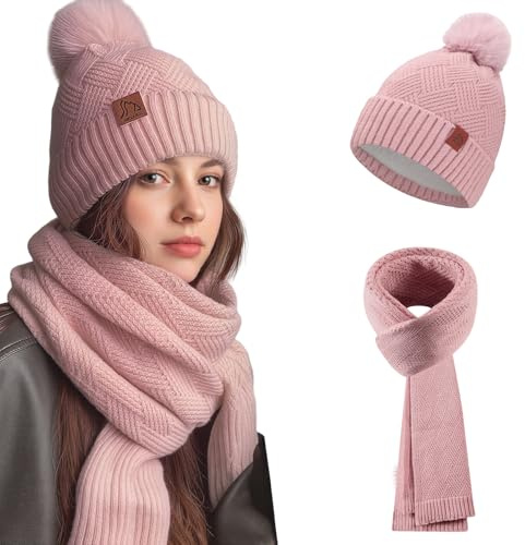 Fiohiros Mütze und Schal Set für Damen, Winter Beanie Mütze für Frauen mit Pom Pom Fleece gefüttert, Strickschal Halswärmer 2 in 1 Kaltes Wetter Set