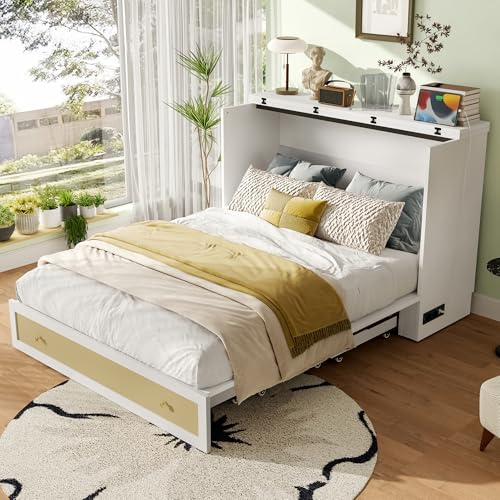 Ligterra Cama plegable de 140 x 200 cm, cama plegable con USB y enchufe, cama Murphy móvil con cajones en el extremo de la cama y estante en la cabecera de la cama, cama con plataforma convertible