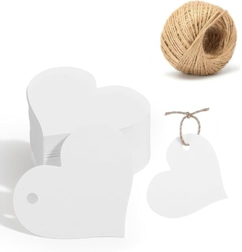 PLABBDPL 50Stück Herzen Frohe Weihnachten Geschenkanhänger, Hängeetiketten, Kraftpapier Weihnachtsanhänger, Frohe Weihnachten Papieretiketten Tags mit Schnur für Weihnachtsbaum Party Dekoration (Weiß)