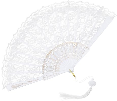 Foldable Lace Fan Handheld Chinese Folding Fan Hand Held Folding Fans for Weddings, Decorations, Dancing Parties and More (White)