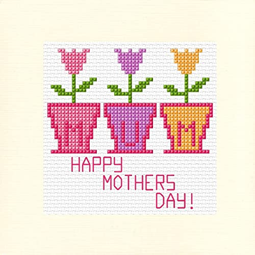 MUM Happy Mothers Day 3 Tulip Flower Pots Counted Cross Stitch Card Kit | Create a beautiful handmade 14ct floral Square card, an ideal gift for mums. Pot Colours: Pink/Purple or Pink/Purple/Yellow.