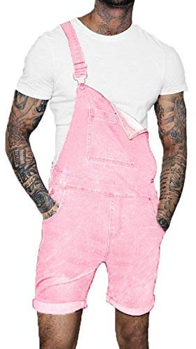 GUOCU Short en Jean pour Homme Salopette Denim en Détresse Slim Fit Roll Up Pantalon Court Combinaisons de Travail Casual Rose L
