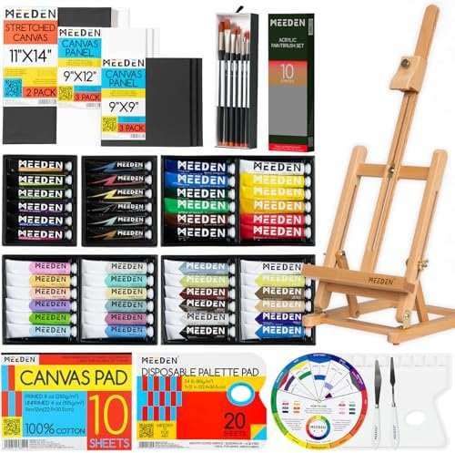 MEEDEN Acrylic Painting Kit with Wood Tabletop Easel, 48x22ml Acrylic Paints, 10 Brushes, Stretched Canvas, Art Supplies, Acrylic Painting Set for Adults, Beginner, Artists