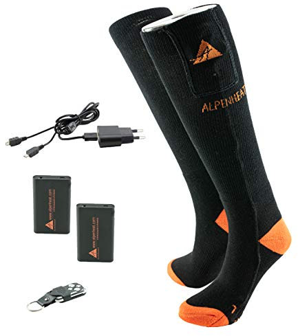 Alpenheat beheizte Socken, Model AJ27-RC-M, Gr. 39-41, unisex Fire-Sock Set schwarz/grüne Wolle, mit Fernbedienung