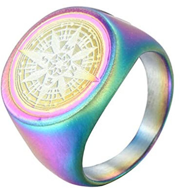 OAKKY Herren Nautisch Kompass Mystiker Marker Ringe Edelstahl Hip Hop Erklärung Bands Regenbogen Größe 70 (22.3)