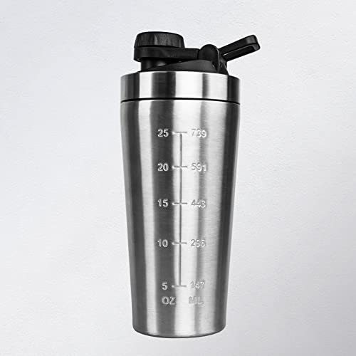 ROCKY&CHAO Protein Shaker Bottle- 900ML Shaker for Protein Shakes, BAP Free|Leak-proof Lid|Handle Design, Metal Protein Shaker with Mix Ball - Ideal Fitness Shaker Bottle for Men&Women (Silver)