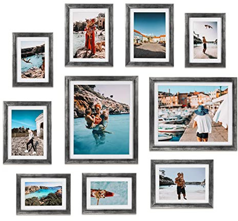 Giftgarden Antik-Silber-Bilderrahmen-Sortiment für Fotos in verschiedenen Größen, vier 10 x 15 cm, vier 12,7 x 17,8 cm, 20,3 x 25,4 cm, Galerie-Rahmen-Collage für Wand oder Tischplatte, 10 Stück,