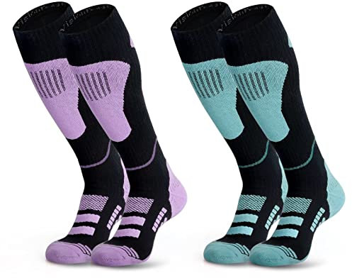 visionreast 2 Paar Skisocken Herren & Damen Merino Wollsocken Atmungsaktive Skistrümpfe Kompressionsstrümpfe Kniehoch für Wintersport, Snowboard Thermosocken Grün/Violett XL
