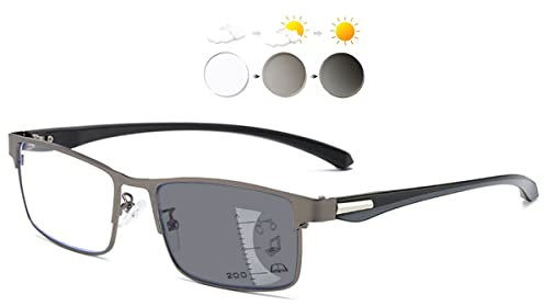KOOSUFA Selbsttönende Gleitsicht Lesebrille Gleitsichtbrille Progressive Multifokus Anti-Blaulicht Photochrome Herren Damen Metallrahmen mit UV-Schutz Sonnenlesebrille 1x Grau, 1.5
